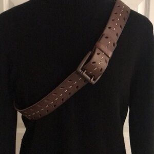 Fossil Brown Leather Belt with Ivory Stitching and Piercing Design 40”